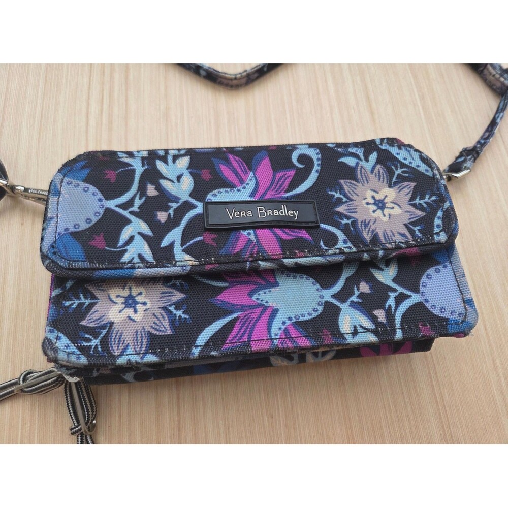 Vera Bradley RFID All in One Crossbody Bag Floral Black Blue Purple